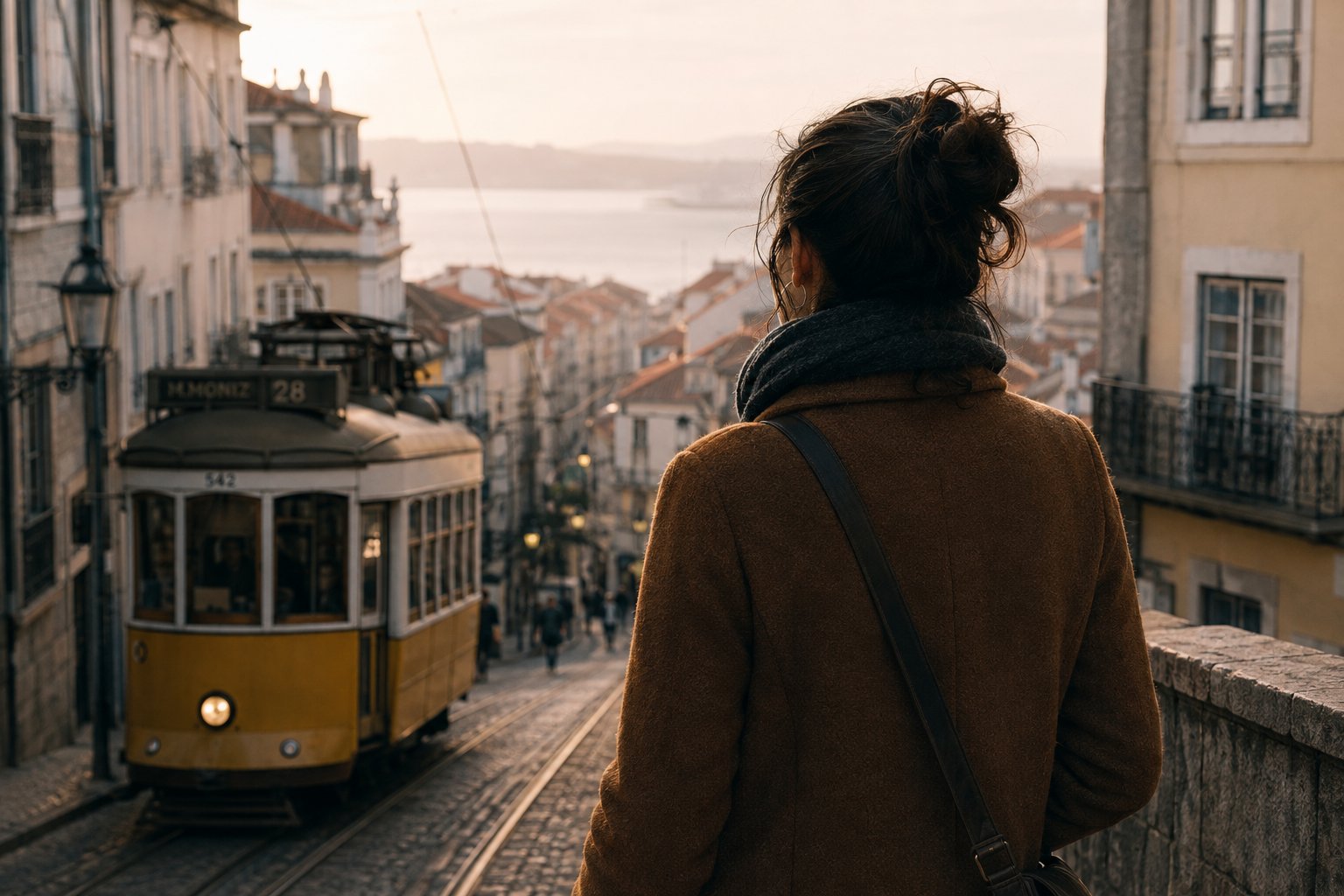 Mulher de costas observa um elétrico numa rua de Lisboa, ao entardecer