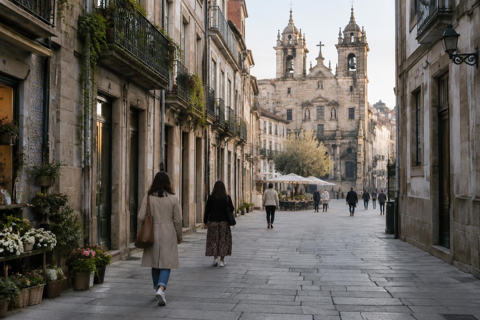 Rua pedonal em granito no centro histórico de Braga, com mulheres a caminhar de costas e uma igreja barroca ao fundo