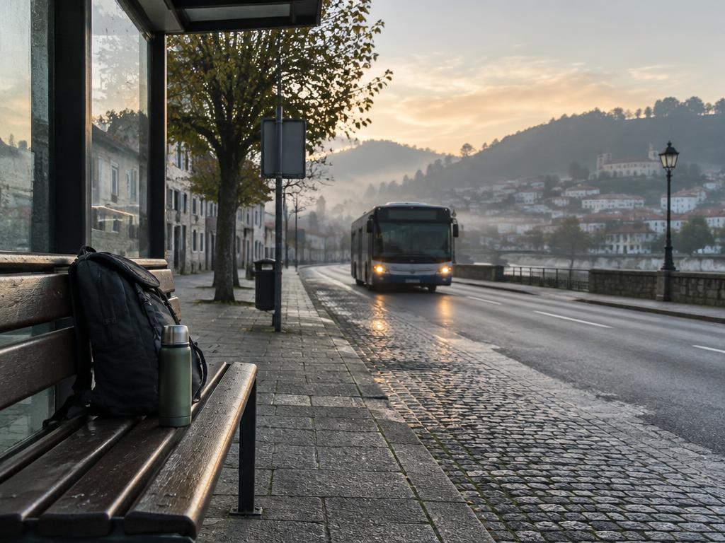 Paragem de autocarro ao amanhecer com uma mochila e um termo no banco, numa rua de uma cidade do norte de Portugal