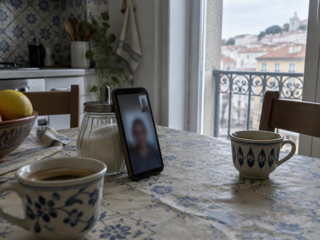 Mesa de cozinha com duas chávenas de café e um telemóvel numa videochamada desfocada