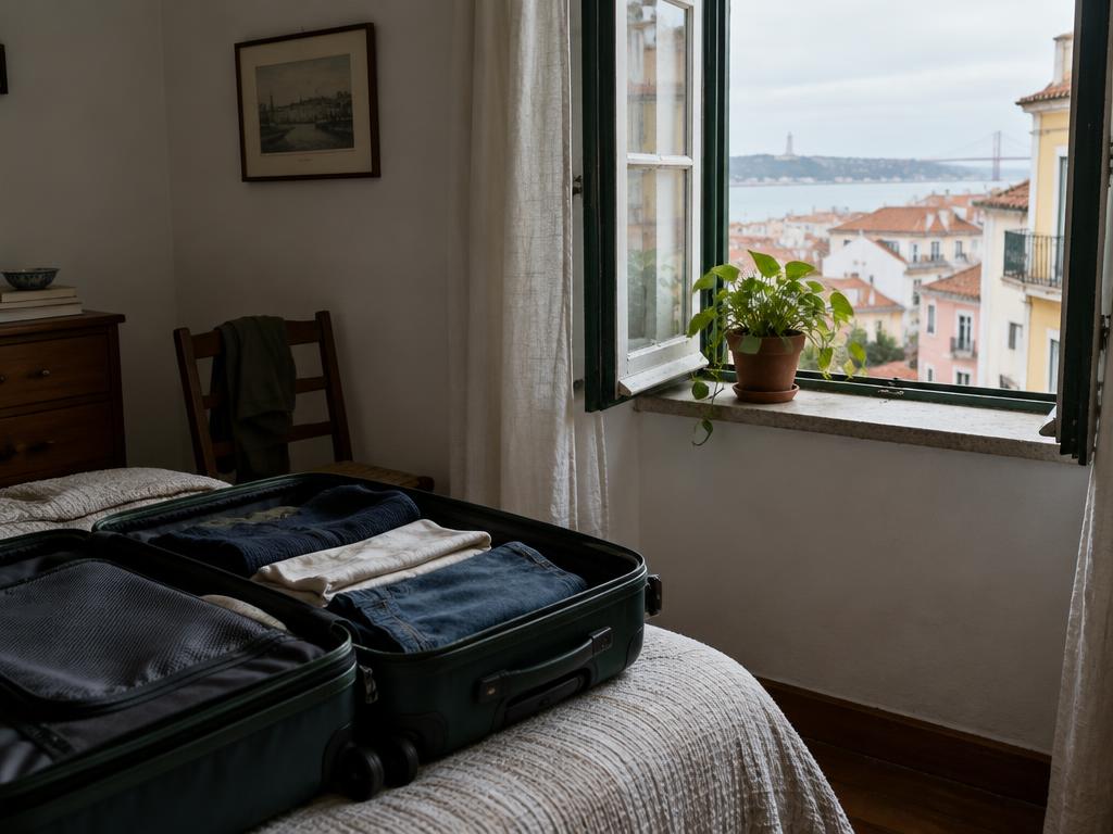 Mala de viagem meio feita sobre uma cama, junto a uma janela aberta com uma planta
