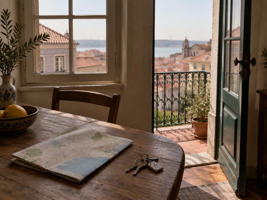 Mesa de madeira com um mapa dobrado e chaves de casa, junto a uma varanda aberta sobre telhados